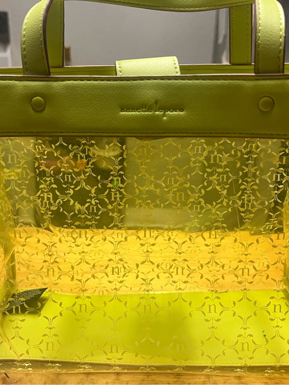 Nanette Lepore Neon Yellow Clear Tote with Monogram Pattern
